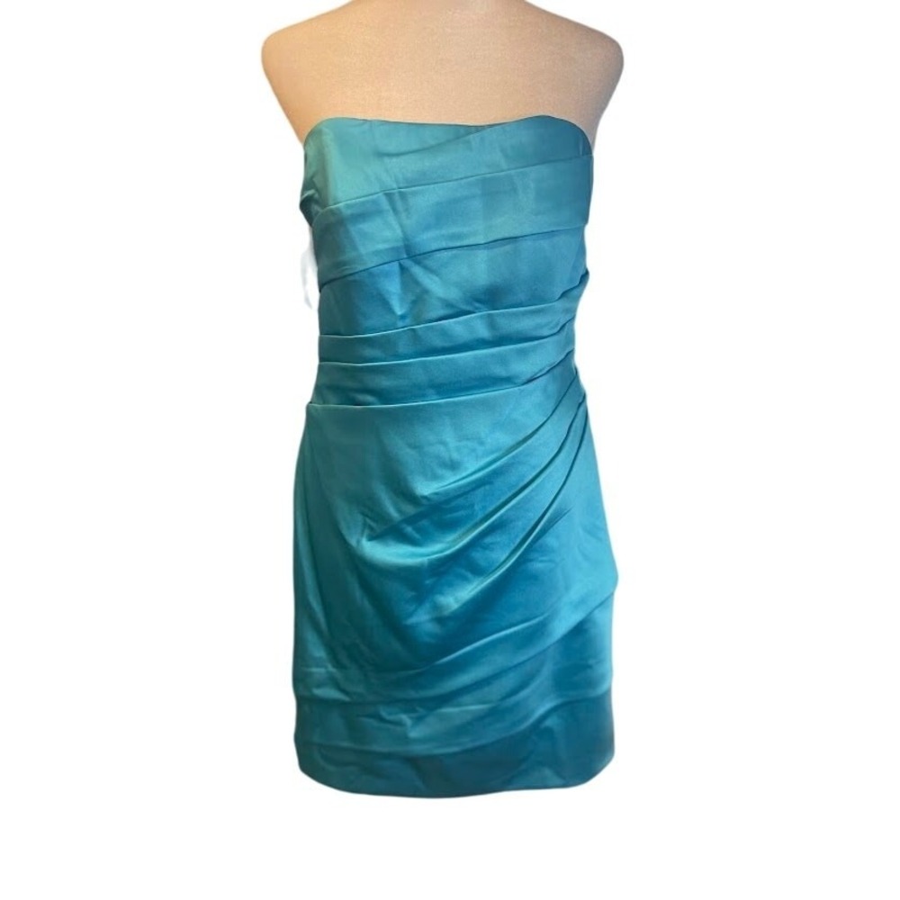 David's Bridal Strapless Mini Dress Womens 10 Turquoise NWOT Ruched Satin